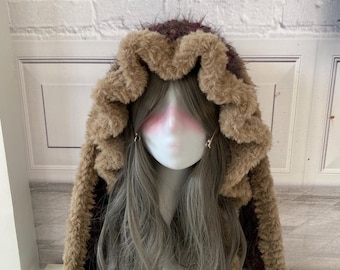 Handmade Brown Bunny Ear Hood - Plush Warm Cozy Adjustable