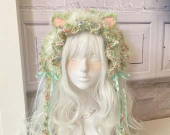 Handmade Knit Cat Ear Bonnet, Fluffy Green Cosplay Headband