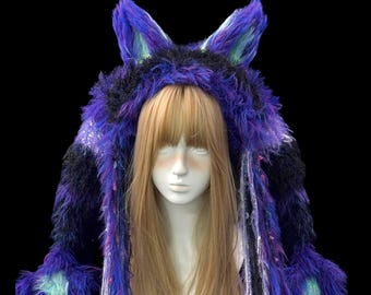 Purple Black Jester Fox Ear Hood with Long Tassels