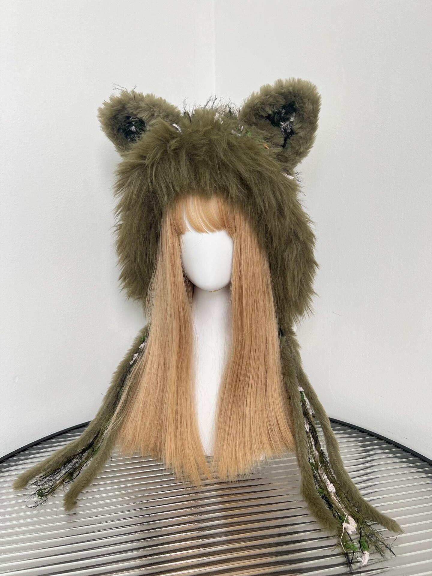 Moss Green Cat Ear Crochet Hood - Floral Handmade Beanie - Etsy