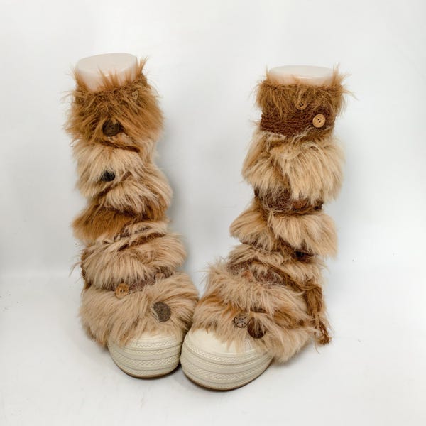 Rustic Beige Brown Fuzzy Leg Warmers with Mixed Button Trim, Handmade Woodland Fairycore Plush Boot Covers