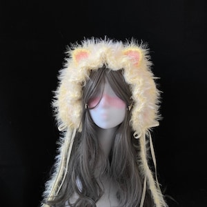 Fluffy Pale Yellow Cat Ear Headband, Handmade Furry Animal Ears Bonnet, Soft Cosplay Hood,  Lolita Kawaii Costume Accessory, Gift for her