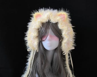 Diadema con orejas de gato esponjosas y hecha a mano: diadema de cosplay de color amarillo pálido