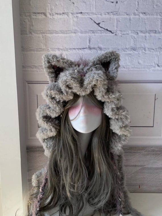 Handmade Gray Pink Cat Ear Hooded Scarf: Faux Fur Plush Beanie - Etsy