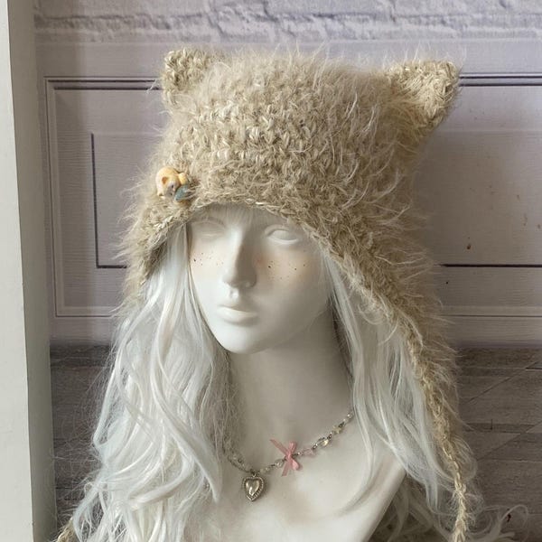 Handmade Beige Cat Ear Hood: Plush Cozy Kitten Hat
