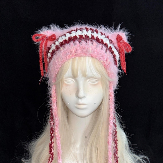 Y2K Red & Pink Cat Ear Beanie With Bows - Etsy