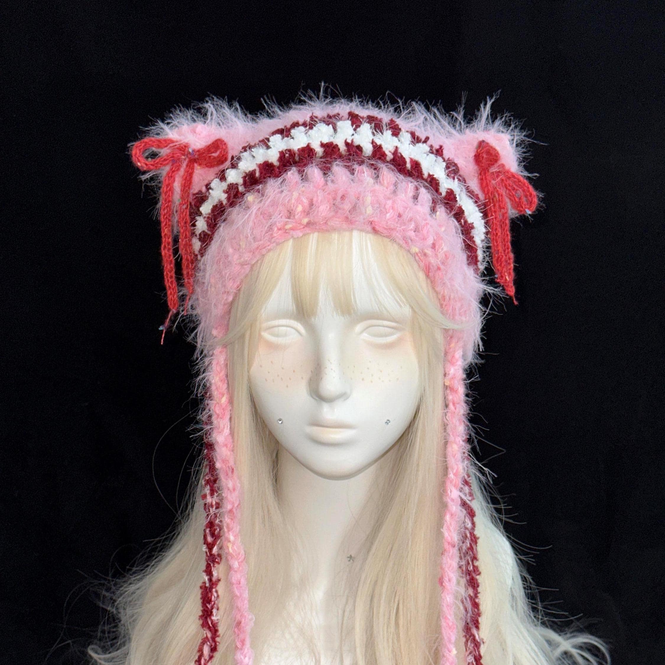 Y2K Red & Pink Cat Ear Beanie With Bows - Etsy
