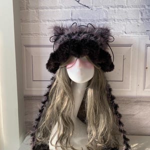 Black Purple Cat Ear Beanie, Furry Winter Animal Hat, Cute Plush Kitty Ears Cap, Soft Warm Cosplay Headwear, Fluffy Cat Hat for Women