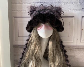 Furry Cat Ear Beanie: Plush Black Purple Kitty Hat