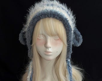 Haze Blue Cozy Lamb Ear Hooded Hat: Handmade Pastel Winter Beanie