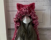 Handmade Crochet Cat Ear Hood: Fuzzy Pink Beanie With Tassels - Etsy