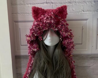 Handmade Crochet Cat Ear Hood: Fuzzy Pink Beanie With Tassels - Etsy