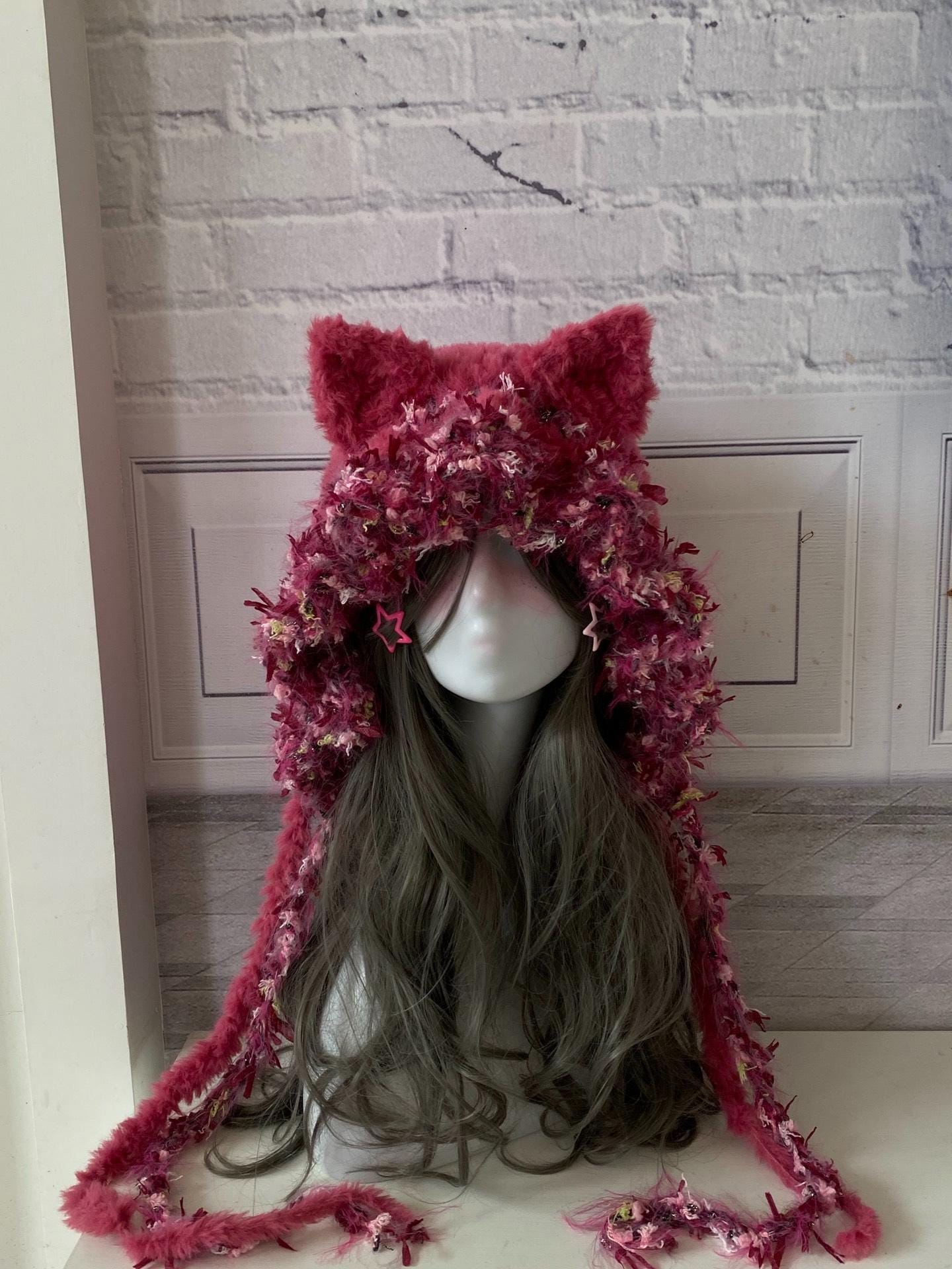 Handmade Crochet Cat Ear Hood: Fuzzy Pink Beanie With Tassels - Etsy
