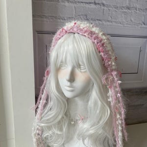 Handmade Fluffy Lolita Fashion Headband, Soft Pastel Cottagecore Hair Accessory, Cute Vintage-Inspired Ribbon Tie, Kawaii Mori Girl Gift