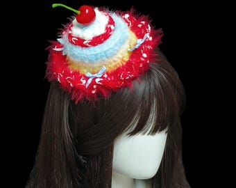 Crocheted Cake Mini Hat Hair Clip Cherry Topped Playful Accent