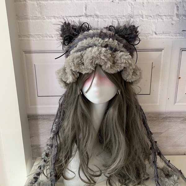 Starry Blue-Gray Faux Fur Cat Ear Hat with Pom Poms