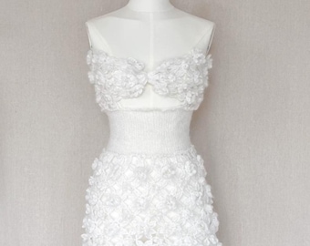 Elegant White Crochet Strapless Dress with Floral Patterns - Vintage-Inspired Handcrafted Beauty