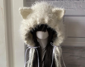 Handmade White Cat Ear Hood with Ribbon Ties Fantasy Hood