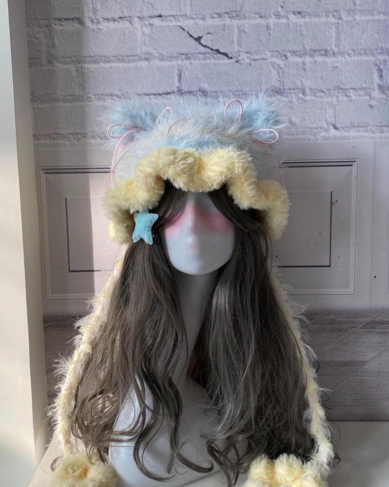 Handmade Cat Ear Knit Beanie: Fuzzy Light Blue & Yellow Cosplay Bonnet