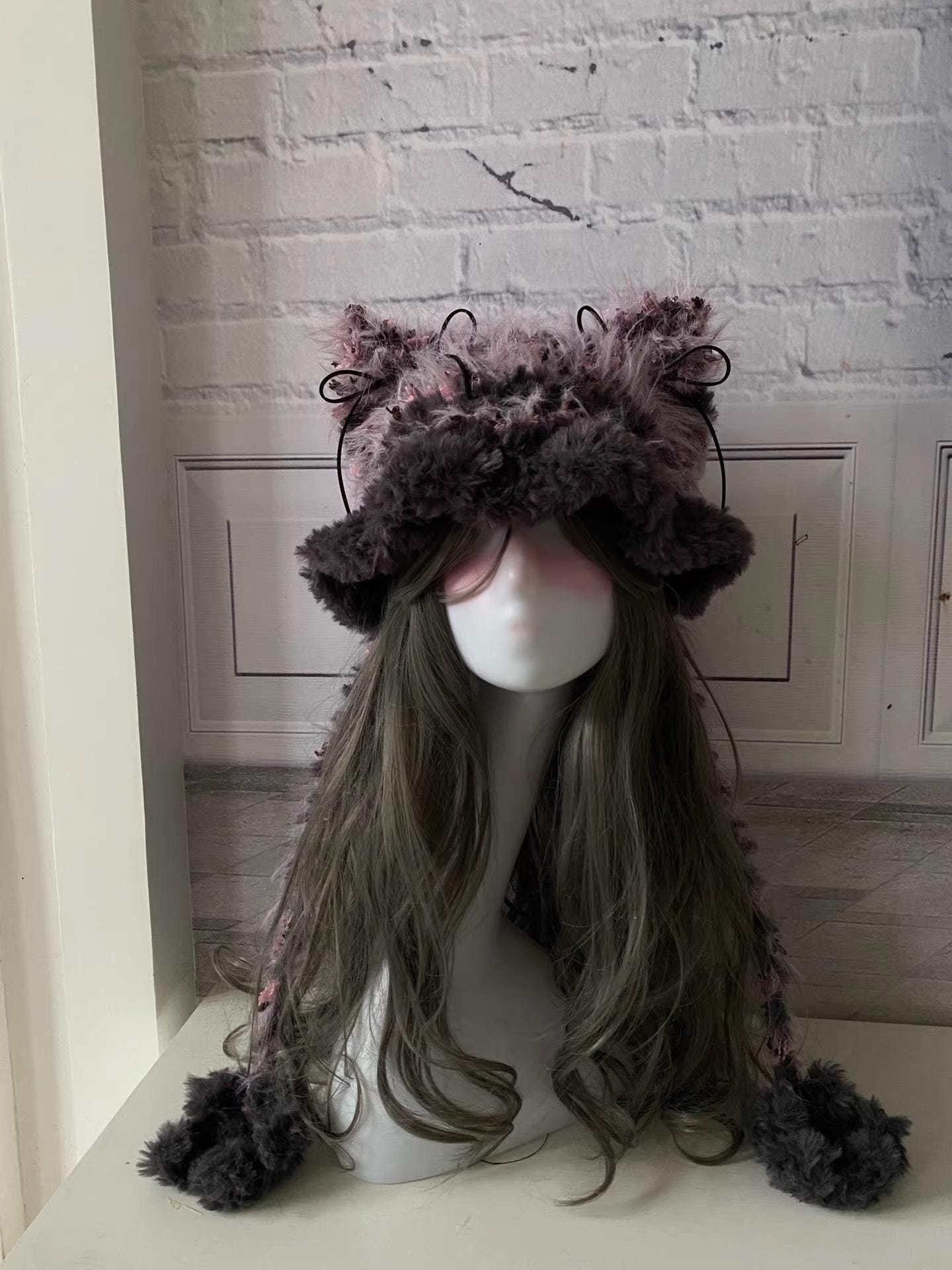 Handmade Fluffy Cat Ear Beanie: Gray Purple Faux Fur Plush 