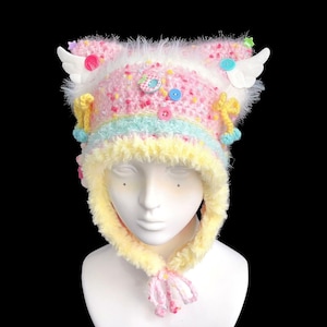Handmade Crochet Cat Ear Hat with Wings & Bunny - Candy Pink