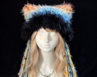 Blue Cat Ear Hat, Ocean Sunset Color Palette, Handmade Statement Hat