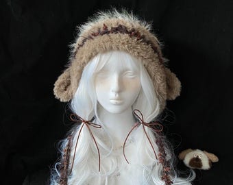 Handmade Lamb Ear Knit Hood: Rustic Winter Cosplay Cap