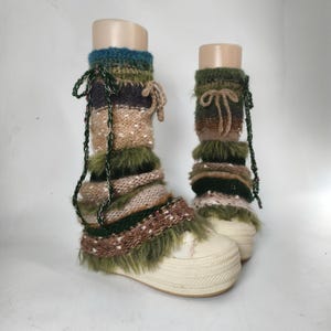 Woodland Moss Fairy Leg Warmers, Handmade Green Brown Fuzzy Crochet Boot Covers, Forest Fairycore Layered Legwear