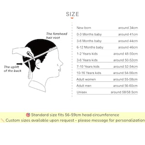 K&ouml;nnte beinhalten: Diagramm zur Messung des Kopfumfangs f&uuml;r H&uuml;te. Enth&auml;lt eine Gr&ouml;&szlig;entabelle mit Ma&szlig;en in Zentimetern f&uuml;r Neugeborene bis Erwachsene. Text: "Standardgr&ouml;&szlig;e passt f&uuml;r 56-59cm Kopfumfang."