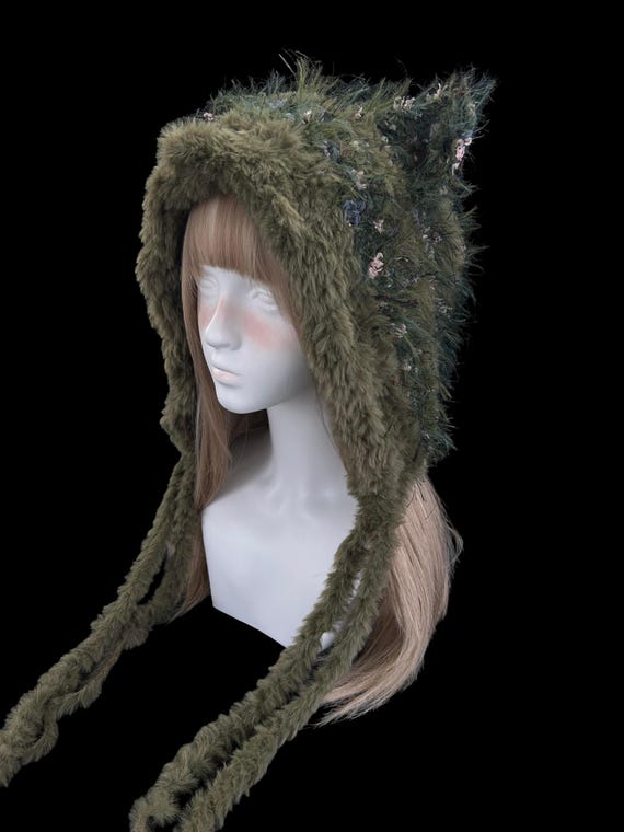 Ethereal Woodland Fairy Moss Cat Ear Hooded Festival Headpiece
