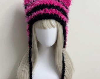 Pink Black Cat Ear Crochet Beanie - Handmade Warm Winter Hat - Etsy