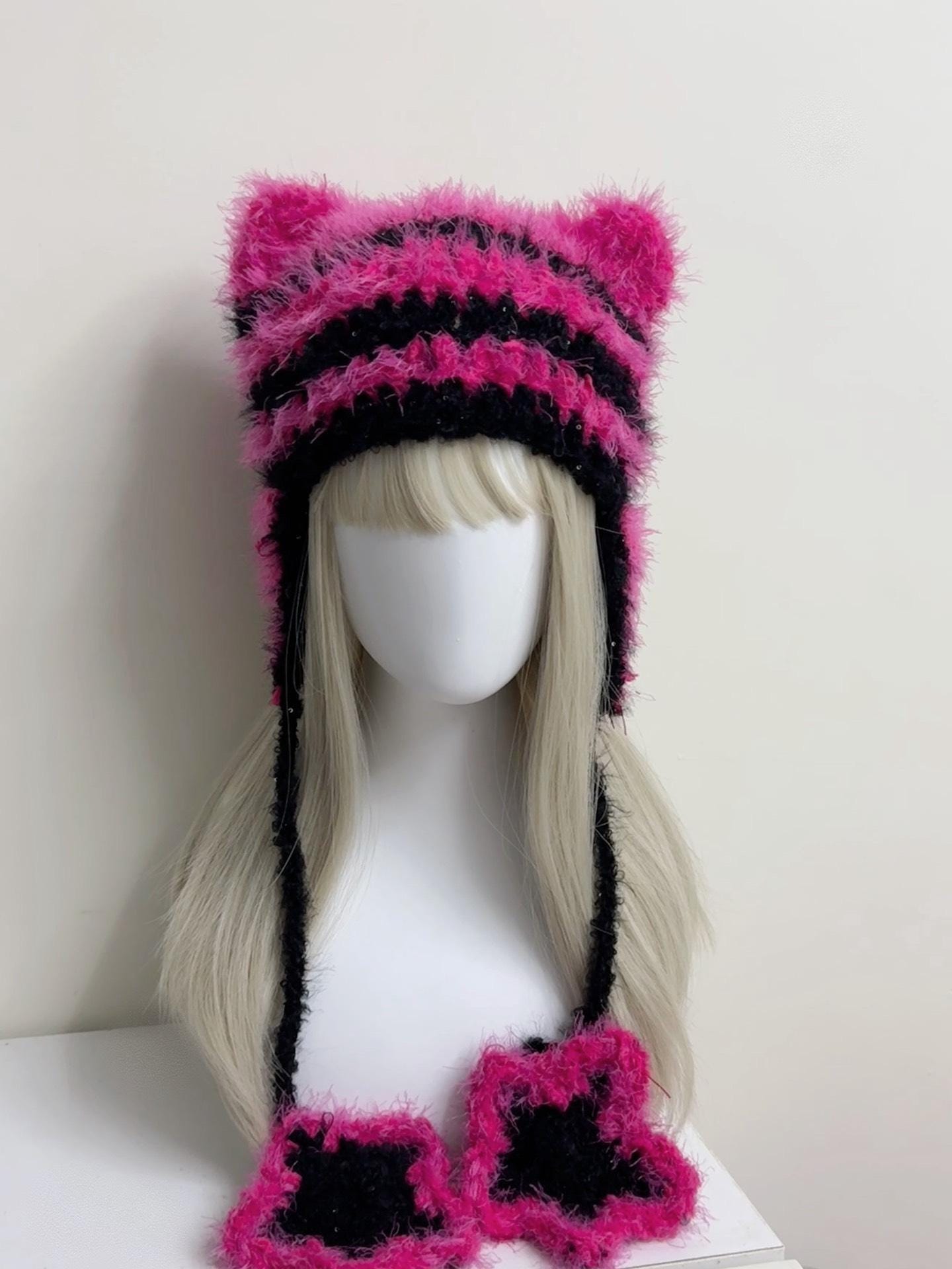 Pink Black Cat Ear Crochet Beanie - Handmade Warm Winter Hat - Etsy