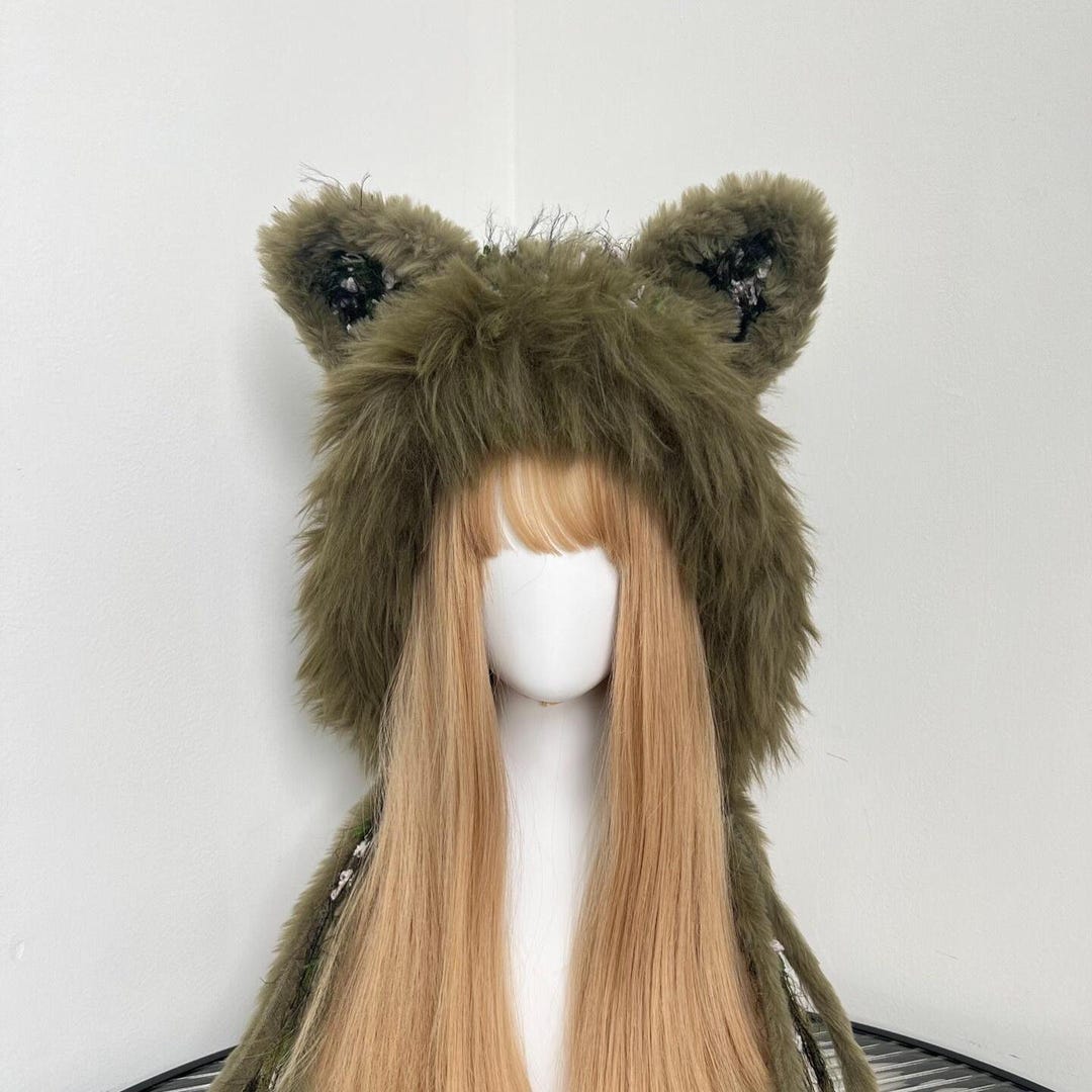Moss Green Cat Ear Crochet Hood - Floral Handmade Beanie - Etsy