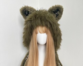 Moss Green Cat Ear Crochet Hood - Floral Handmade Beanie - Etsy