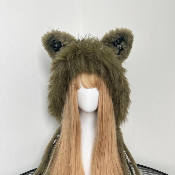 Moss Green Cat Ear Crochet Hood - Floral Handmade Beanie - Etsy