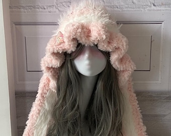 9862 Lolita Hat Kawaii Pink Fuzzy Bunny Rabbit Ear Beanie Fluffy Head Bunny Beanie Hat for Women Men Y2k Cute Plush Beanie Fluffy  main image 3