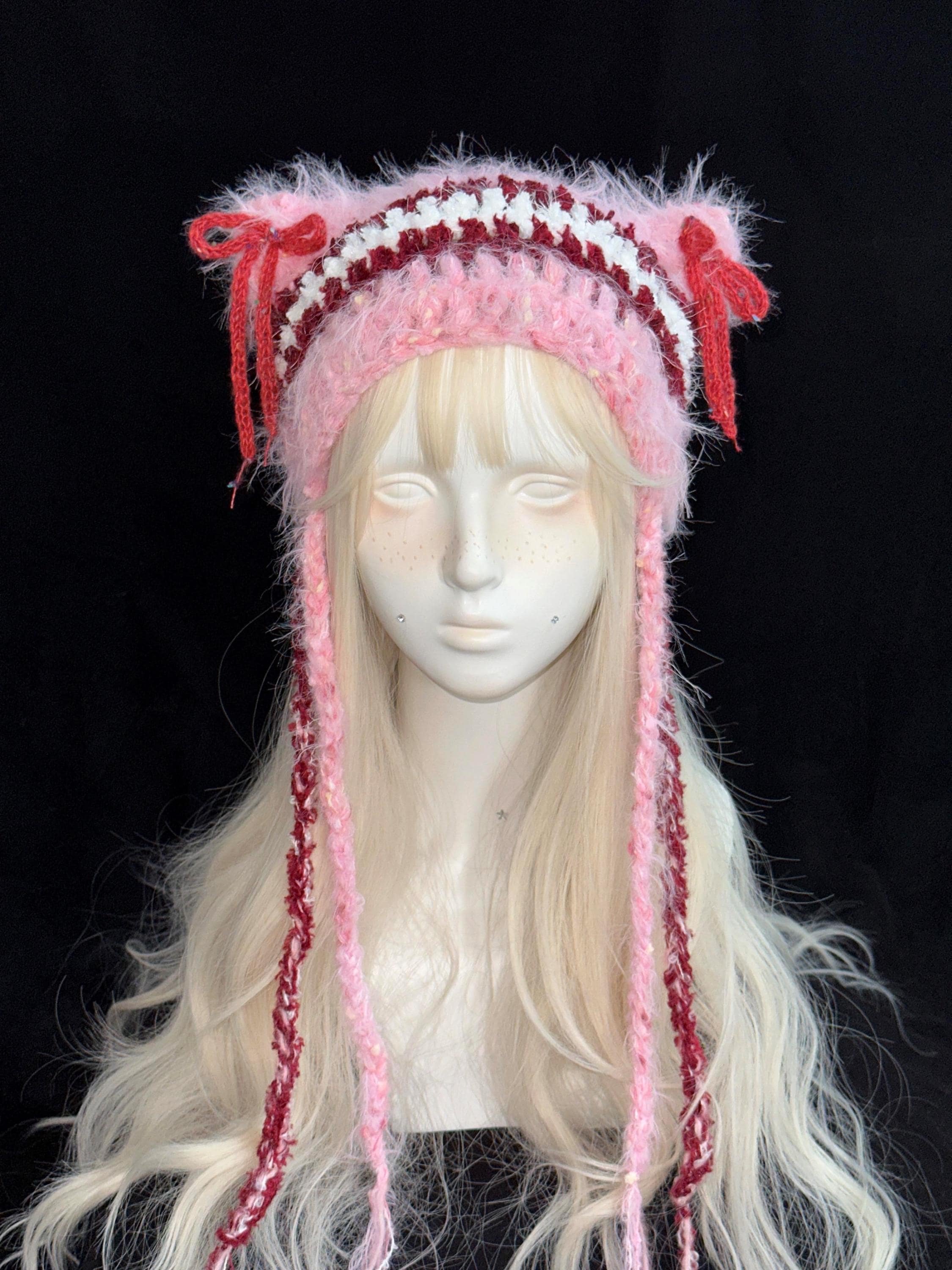 Y2K Red & Pink Cat Ear Beanie With Bows - Etsy