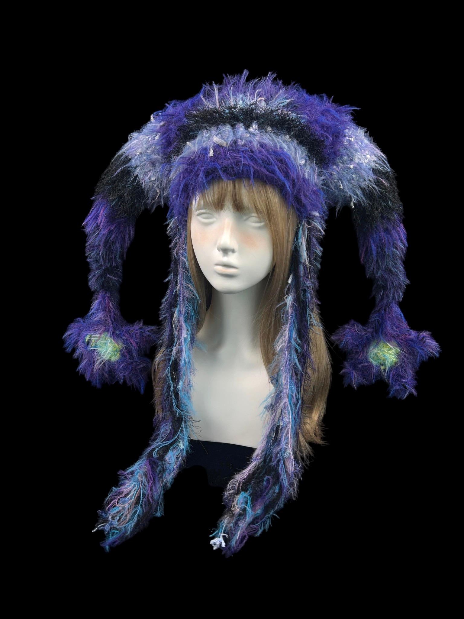 Purple Galaxy Jester Hat with Star Tips, Handmade Fuzzy Fairycore Festival Hood