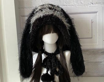 Handmade Rabbit Hood Hat - Black Gray Plush Long Ears