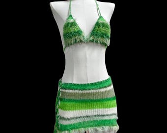 Green Striped Knit Bikini Set Soft Textured Playful Statement Ensemble