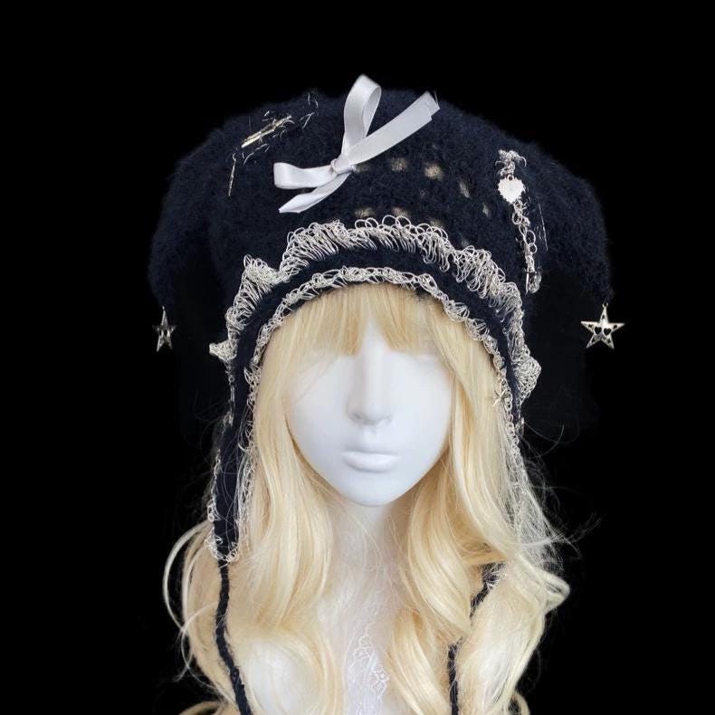 Black Silver Jester Hat Star Charms Lace Ruffles and Crochet Star Ties