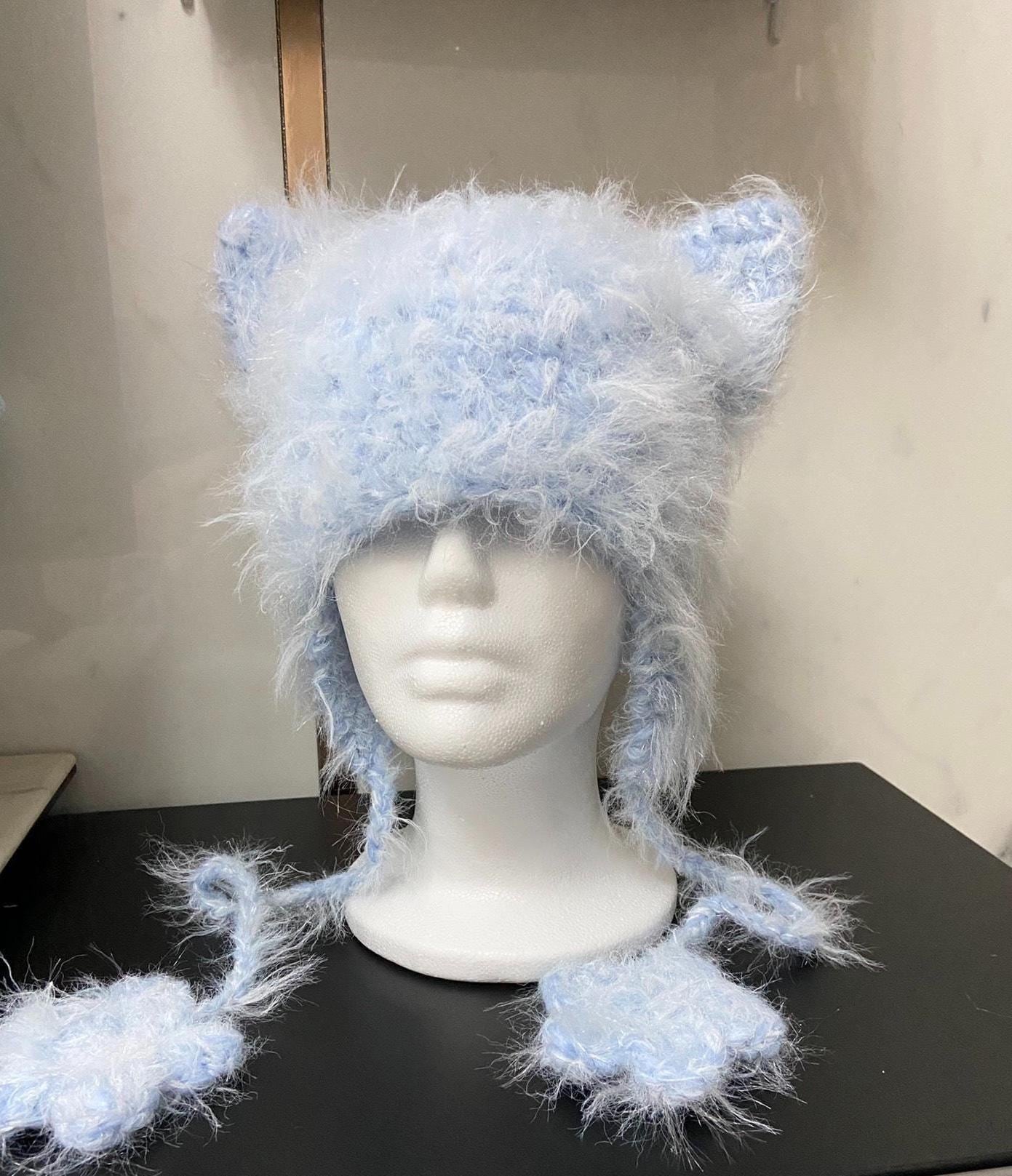 Fluffy Light Blue Cat Ear Beanie, Handmade Fuzzy Knit Animal