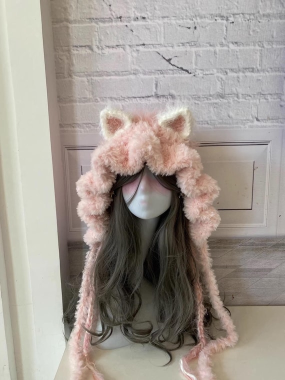 Sweet Pink Crochet Cat Ear Hood Scarf, Kawaii Faux Fur, Lolita