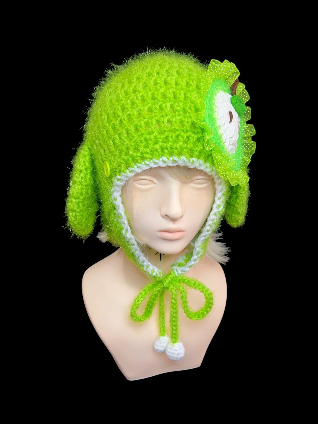 Rabbit Ears Apple Rabbit Knit Hat - Handmade Vibrant Green & White ...