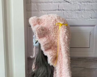 Pink Bunny Fuzzy Hat Hood Beanie With Hand Pockets From Japan Pink Fuzzy Bunny Hat | Hot Topic main image 4