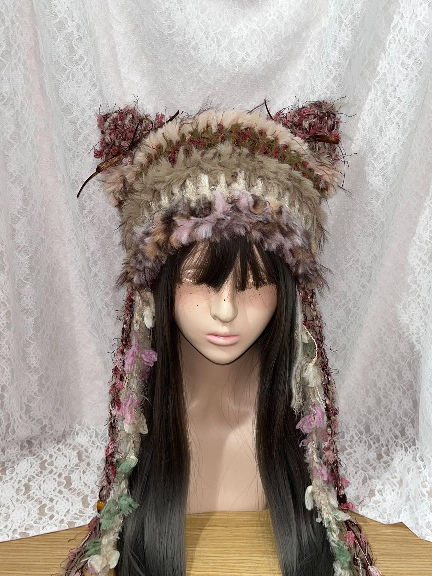 Handmade Hand Crafted Knit Leopard Print Cat Hat Pink and Black Crocheted Cat Hat - Shop on Pinterest main image 2