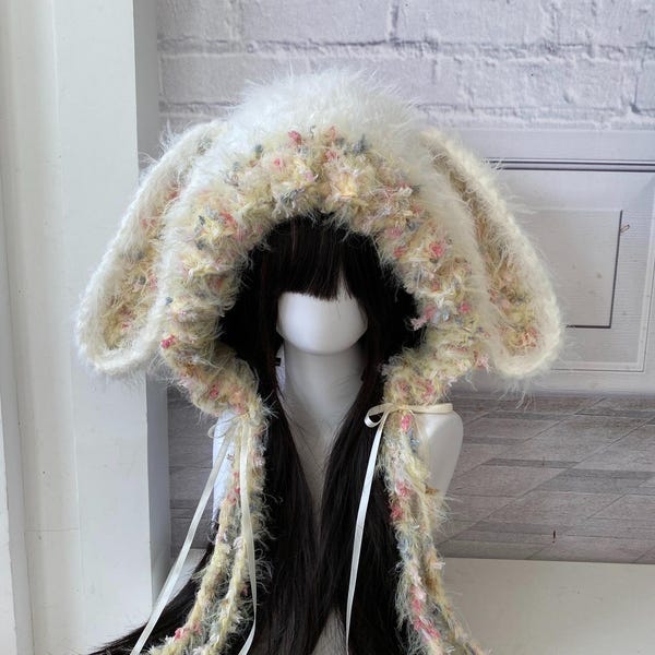 Fluffy Rabbit Ear Hat Handmade - Soft Beige & White