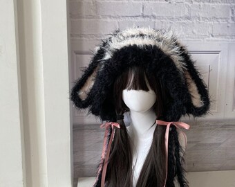 Handmade Plush Bunny Hat: Black & Pink Cosplay Style - Etsy