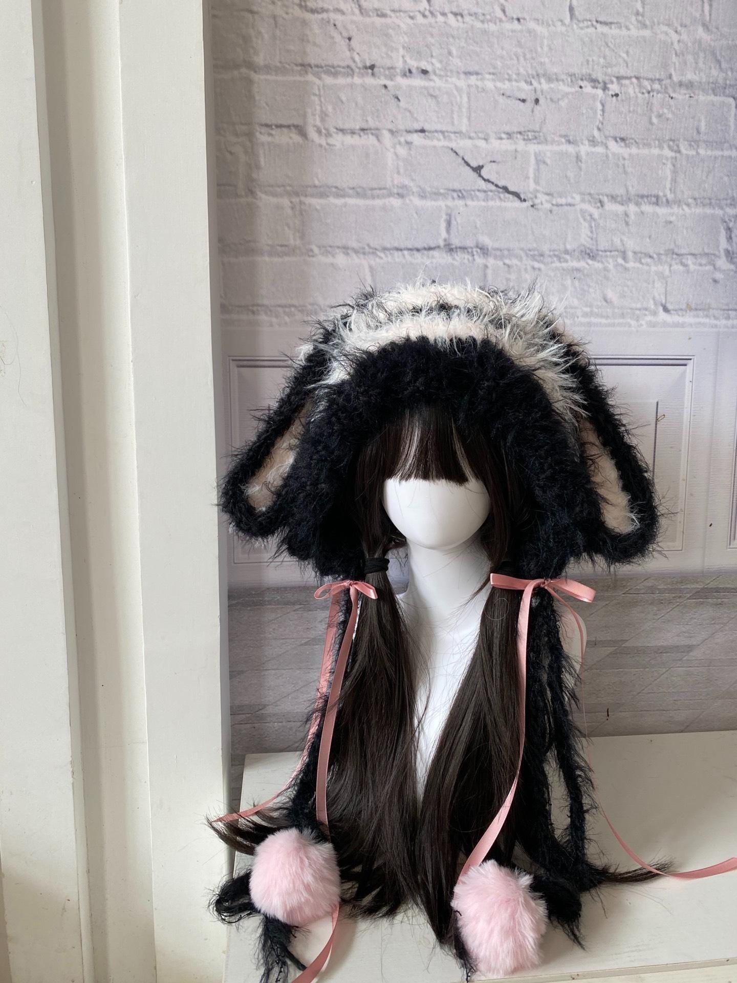Handmade Plush Bunny Hat: Black & Pink Cosplay Style - Etsy
