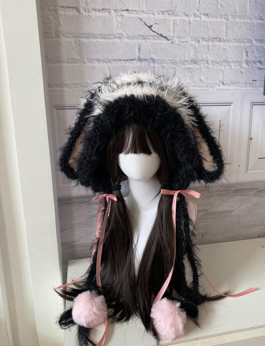 Handmade Plush Bunny Hat: Black & Pink Cosplay Style - Etsy display picture 2